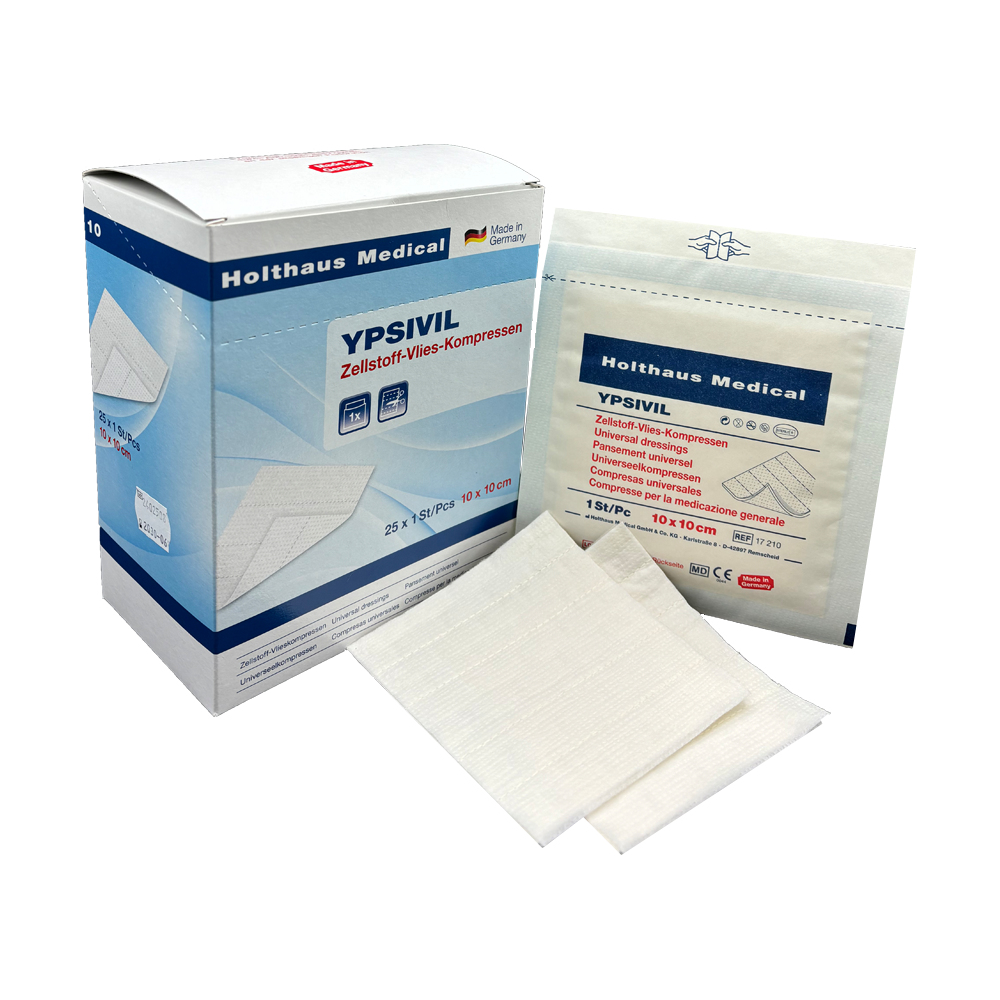 YPSIVIL Zellstoff-Vlies-Kompresse, 10 x 10 cm, Packung à 25 Stück